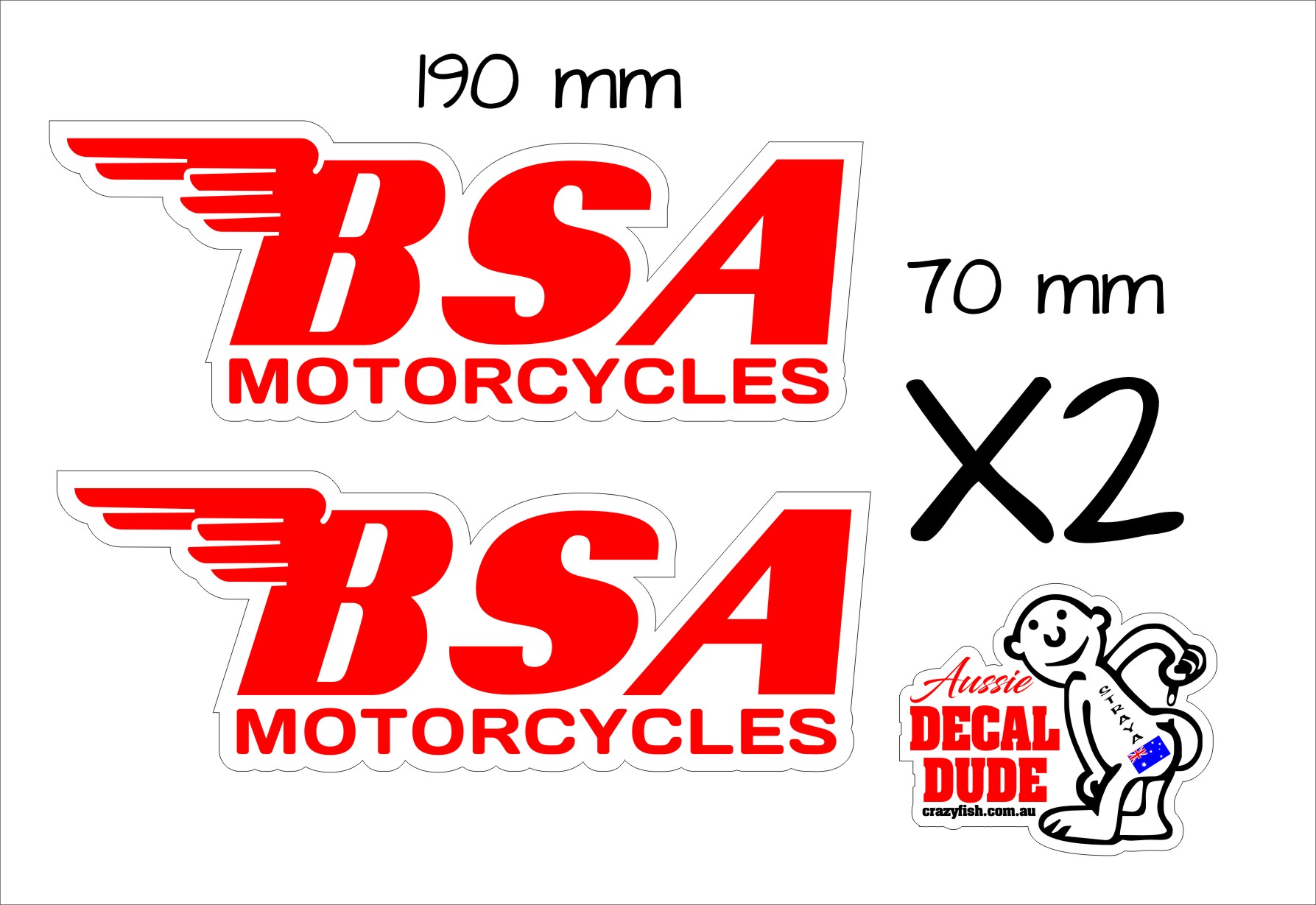 Red Bsa Lettering BSA Motorcycles Stickers TWO (2) 190 x 70 mm each red - Crazyfish