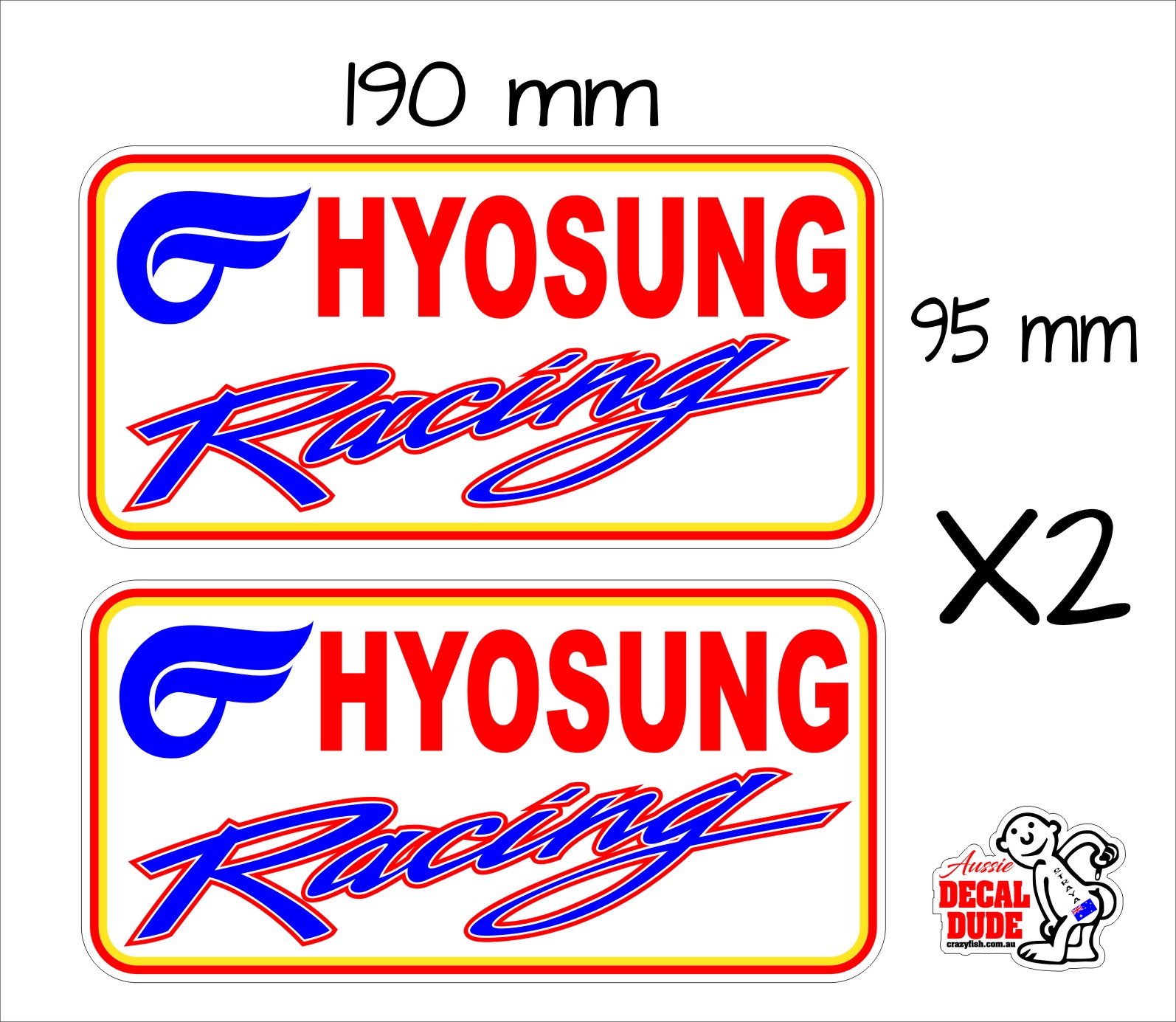 HYOSUNG Racing Stickers TWO (2) 190 x 95 mm each - Crazyfish
